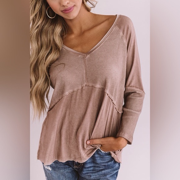 POL Tops - POL Ready For Anything Long Sleeve Babydoll Tunic Top Women’s Small Taupe Ribbed